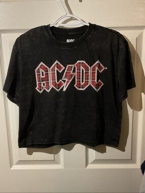 AC/DC Black Mineral Washed Cropped Tee with Red Plaid Logo